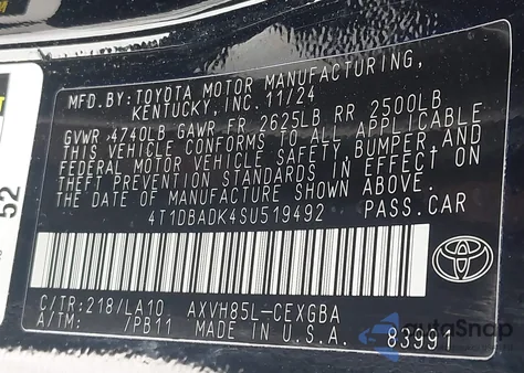 2025 Toyota Camry Xle z USA, uszkodzony, nr VIN 4T1DBADK4SU519492